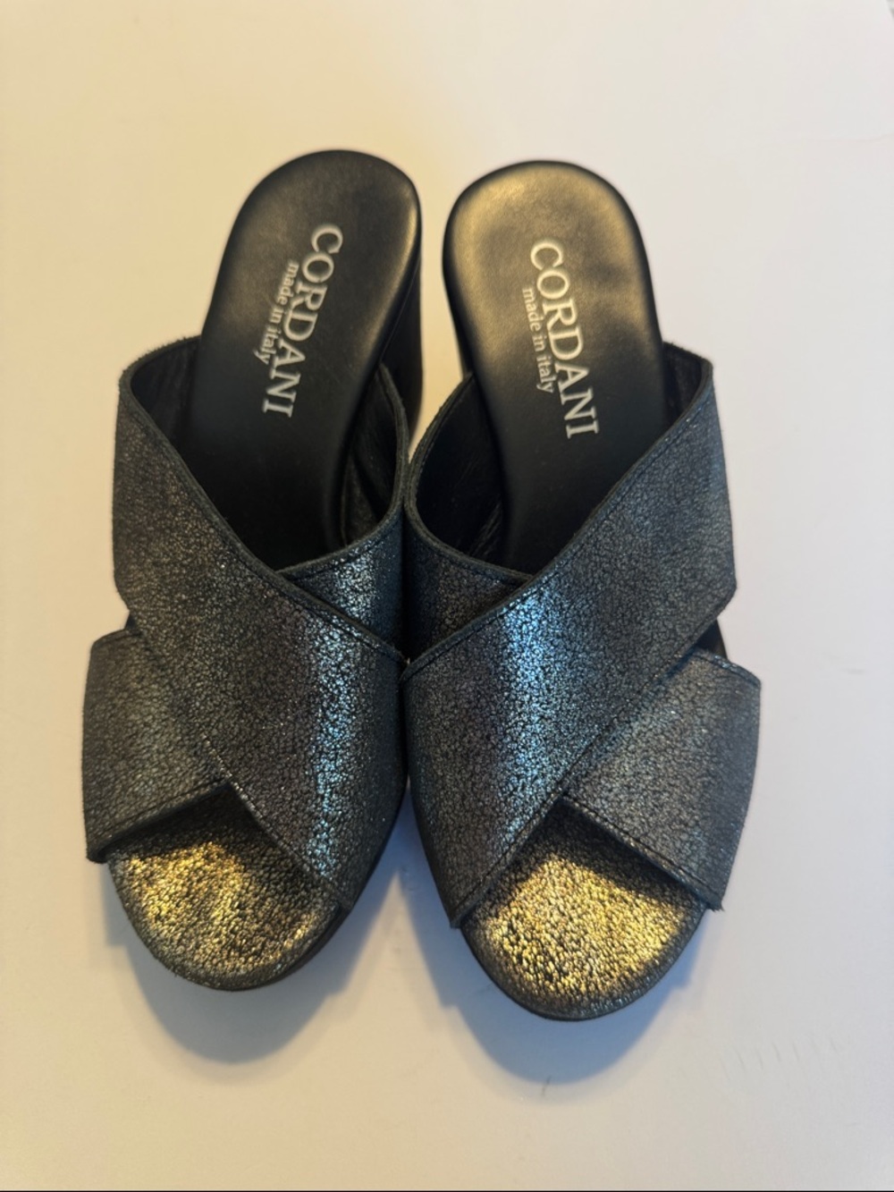 Cordani Metallic Charcoal Crisscross Slide Mules